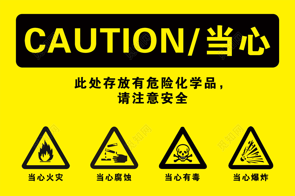 当心危险化学品警示标志注意安全黄色警示标志设计psd