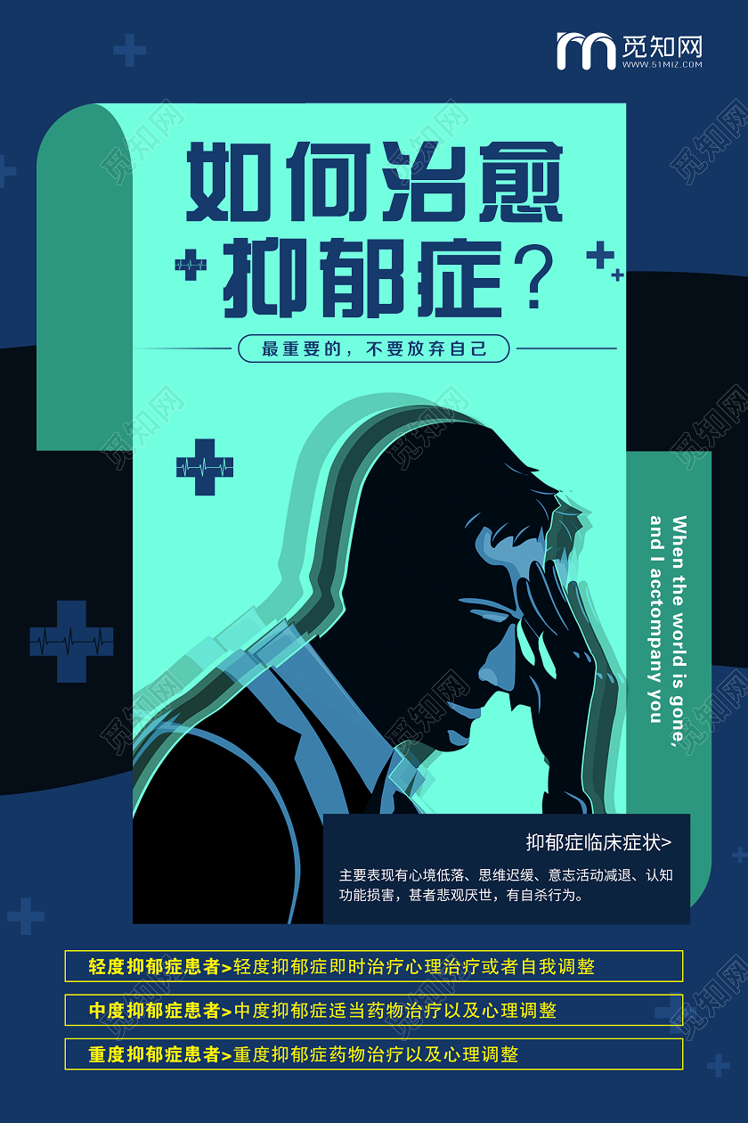 简单大气蓝色如何治愈失眠抑郁症宣传海报抑郁症海报