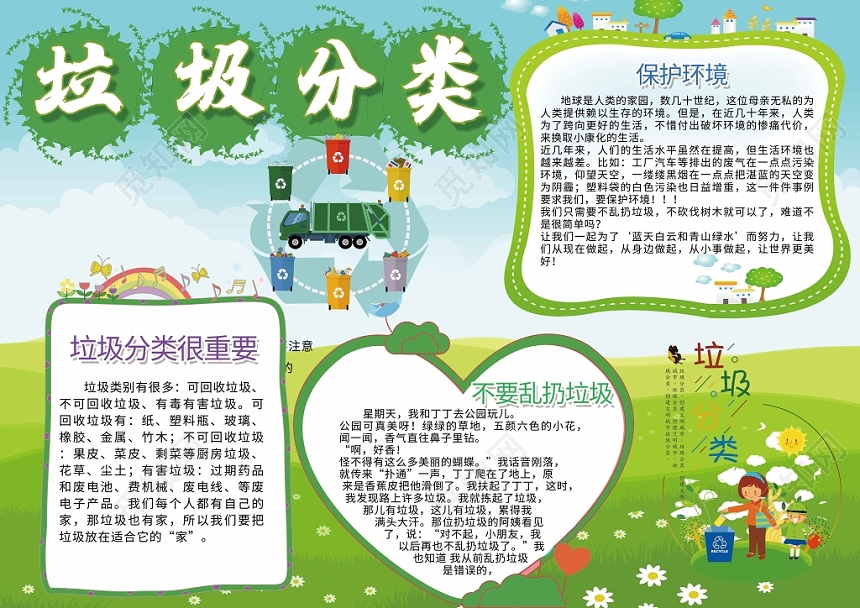觅知网 手抄报 环保手抄报 > 卡通保护环境垃圾分类手抄报.psd
