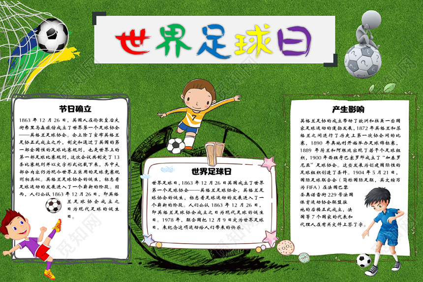 卡通绿草坪世界足球日足球小报手抄报word模板