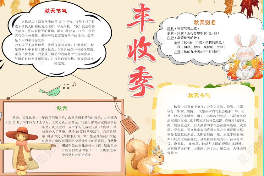 唯美小清新丰收季枫叶秋天手抄报word模板