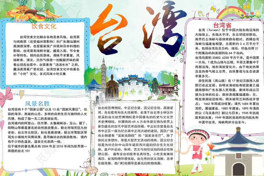 卡通台湾旅游手抄报word模板