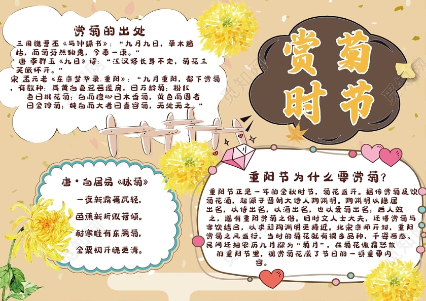 卡通浅黄色背景赏菊时节手抄报