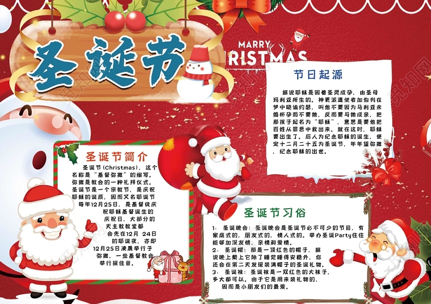 christmas手抄报,christmas手抄报全英文 卡通红色背景圣诞节手抄报