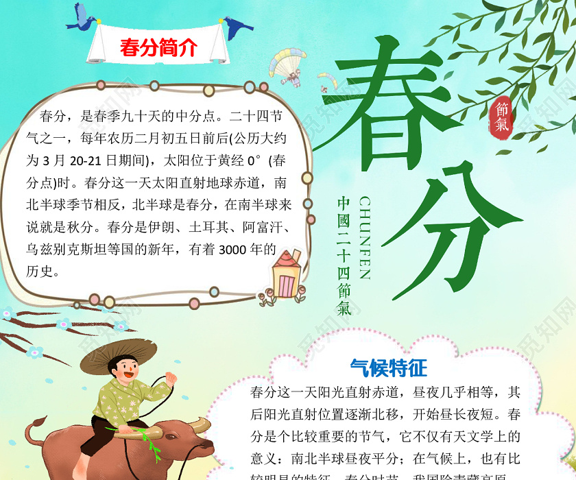 竖版卡通儿童春分二十四节气小报手抄报word模板春分二十四节气手抄报