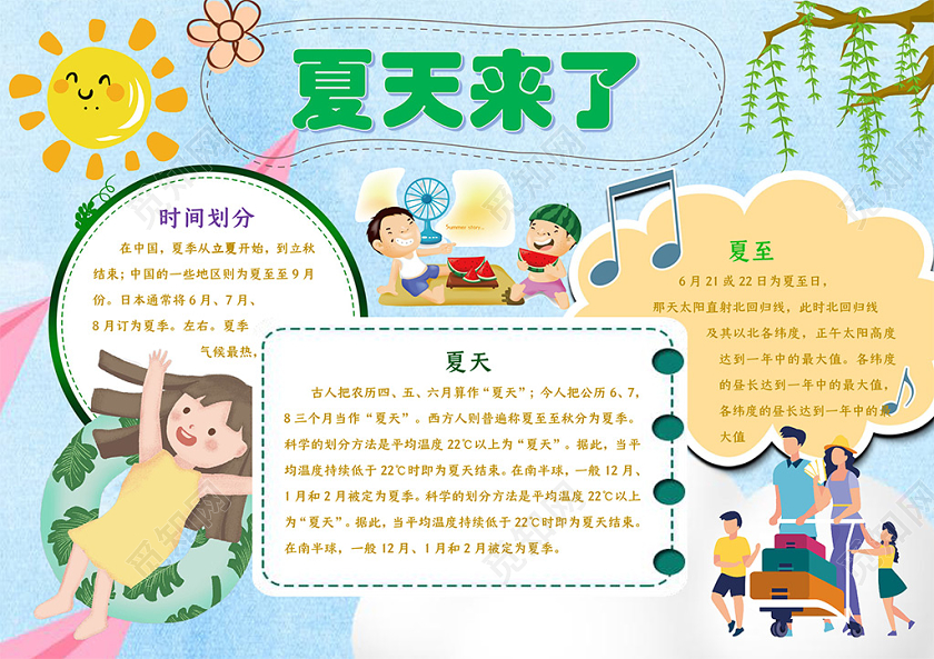 卡通风清凉遇见夏天立夏节气西瓜凉爽小报手抄报夏天小报