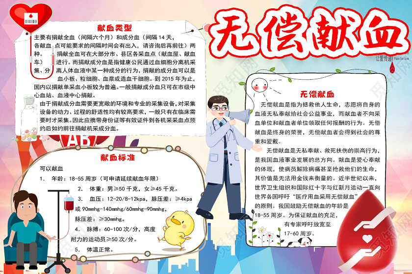 简约卡通无偿献血公益小报手抄报word模板