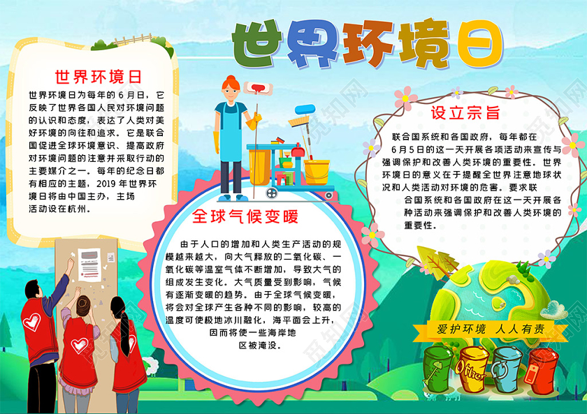 觅知网 手抄报 小学生手抄报 > 卡通世界环境日全球气候变暖人口环境