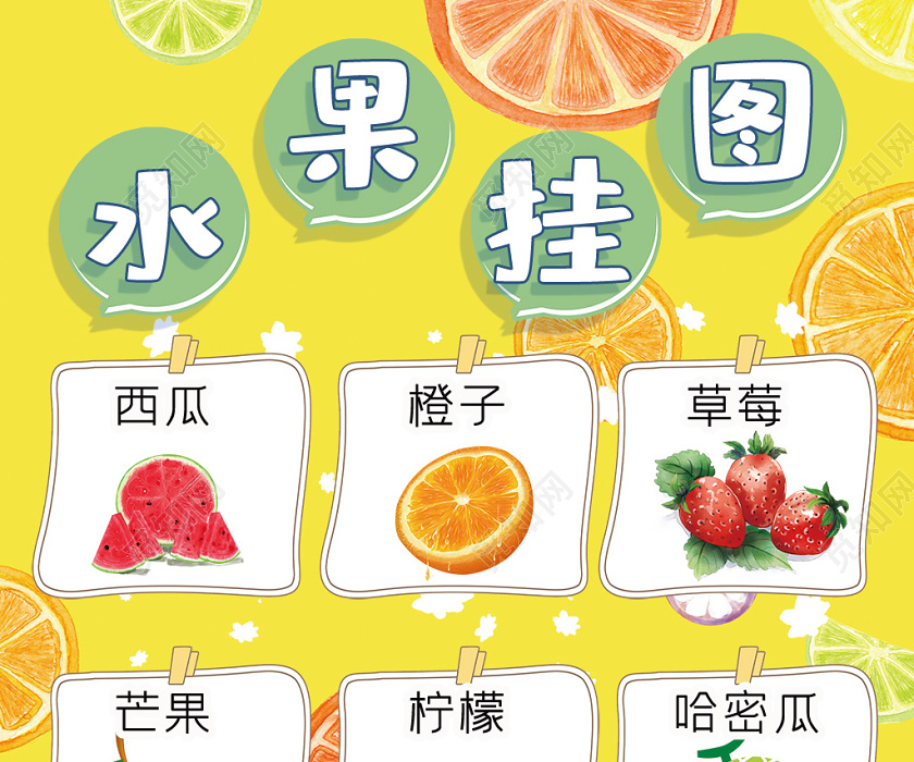 觅知网 小报 小学生手抄报 卡通认识水果汉字认知西瓜橙子柠檬哈密瓜