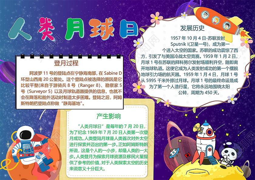 觅知网 手抄报 小学生手抄报 > 卡通人类地球日登月月球宇宙外太空