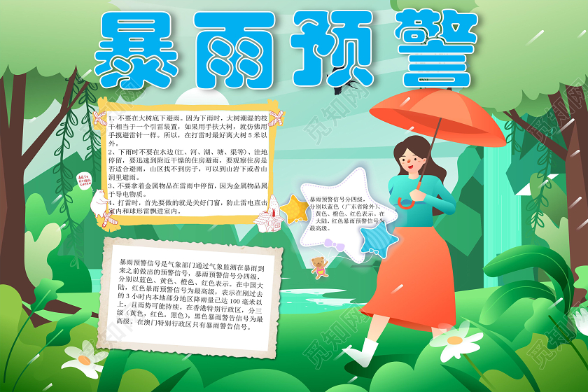 绿色可爱卡通防暴雨手抄报word文档模板防暴雨安全