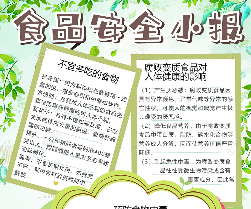 清新手绘风食品安全甜食食物中毒松花蛋方便面小报手抄报