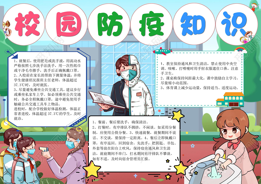 彩色卡通校园防疫知识手抄报