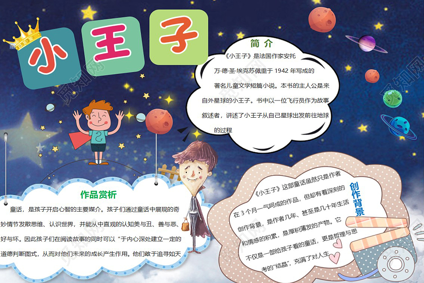 蓝色卡通小王子童话星空小学生手抄报小王子小报手抄报