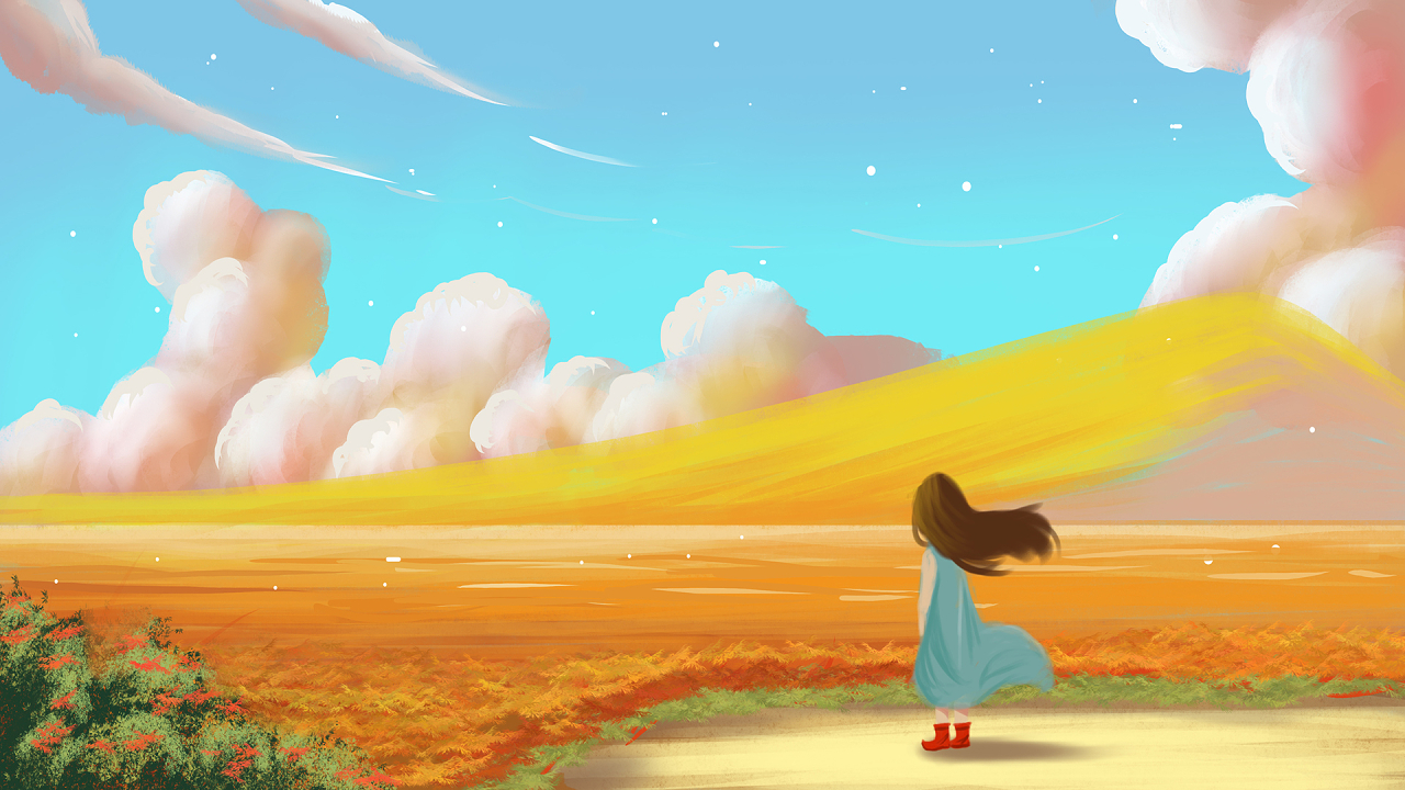 唯美秋天手绘插画森林与鹿七彩驯鹿红色枫叶视频背景